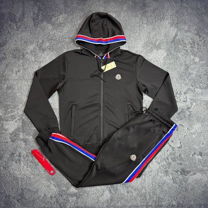 Moncler Zip-Up Tracksuit with Tricolor Stripes.