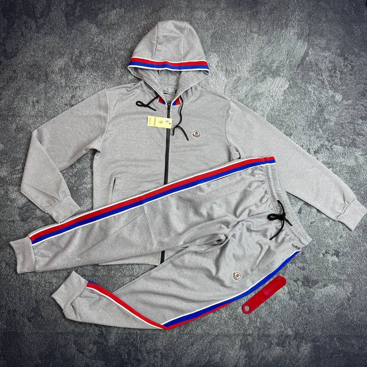 Moncler Zip-Up Tracksuit with Tricolor Stripes.