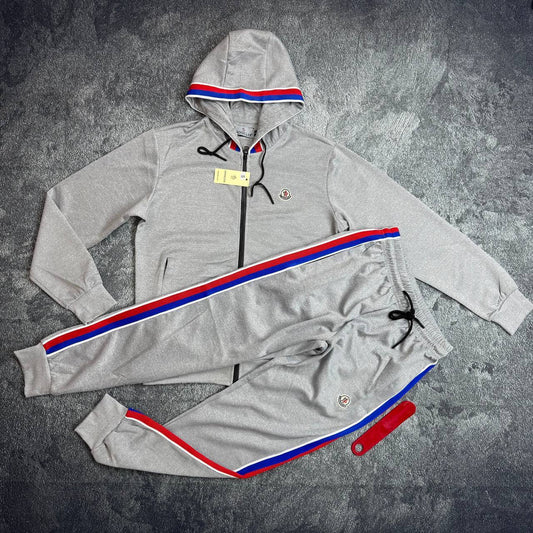 Moncler Zip-Up Tracksuit with Tricolor Stripes.